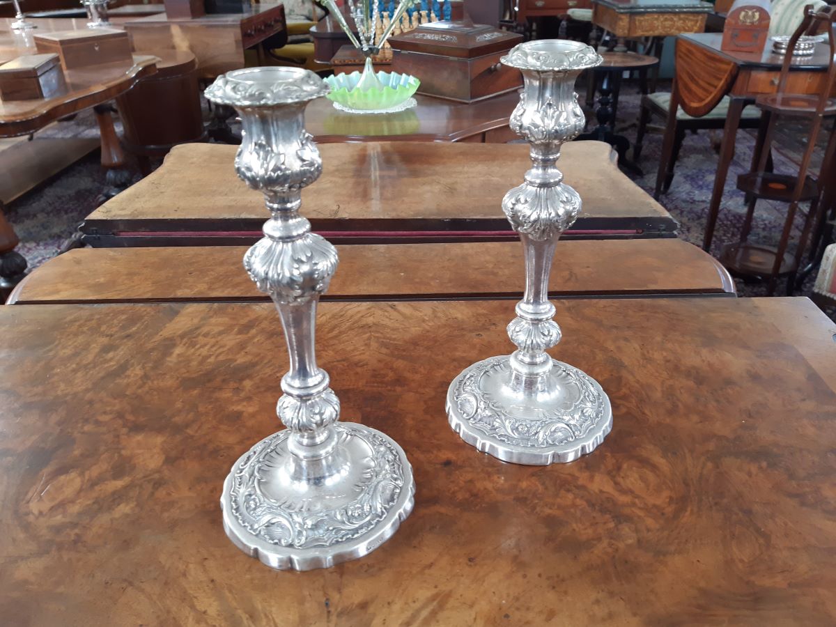 Pair 19th century silver-plate candlesticks, acanthus leaf decoration